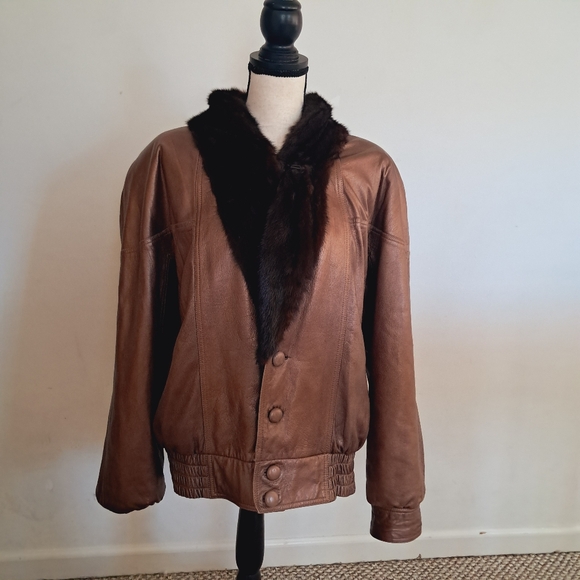 Women's Leather Fur Bomber Coat Large L Brown Mink Fur Vintage Reversible Luxury - Picture 2 of 13